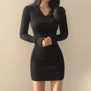 Getadme-Women Retro Knitted Mini Bodycon Solid Color V-Neck Long Sleeve Wrapped Hip Dress Autumn Winter Slim Sweater Vestido